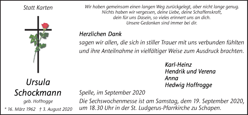  Traueranzeige für Ursula Schockmann vom 12.09.2020 aus Neue Osnabrücker Zeitung GmbH & Co. KG