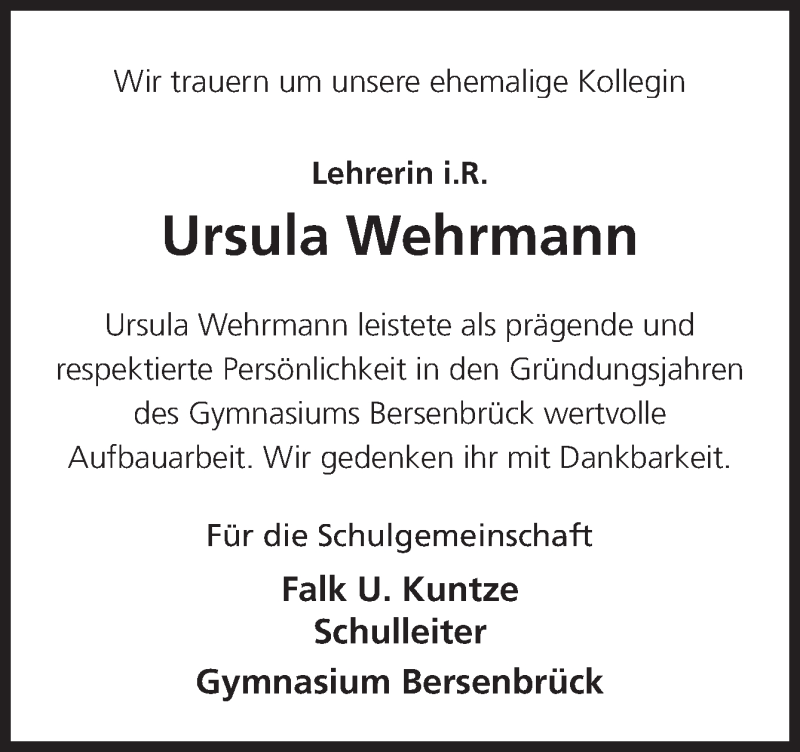  Traueranzeige für Ursula Wehrmann vom 23.09.2020 aus Neue Osnabrücker Zeitung GmbH & Co. KG