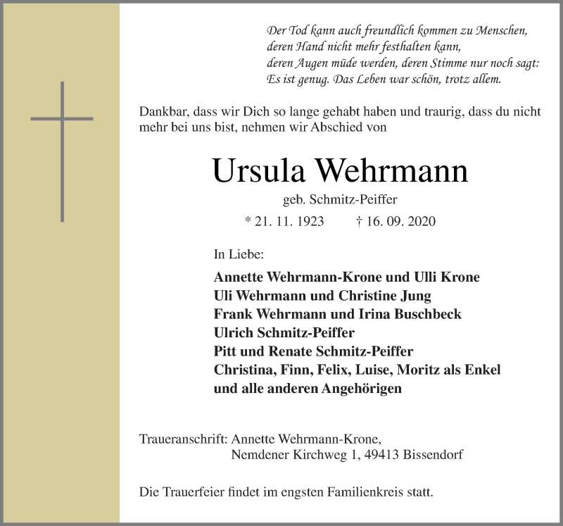  Traueranzeige für Ursula Wehrmann vom 21.09.2020 aus Neue Osnabrücker Zeitung GmbH & Co. KG