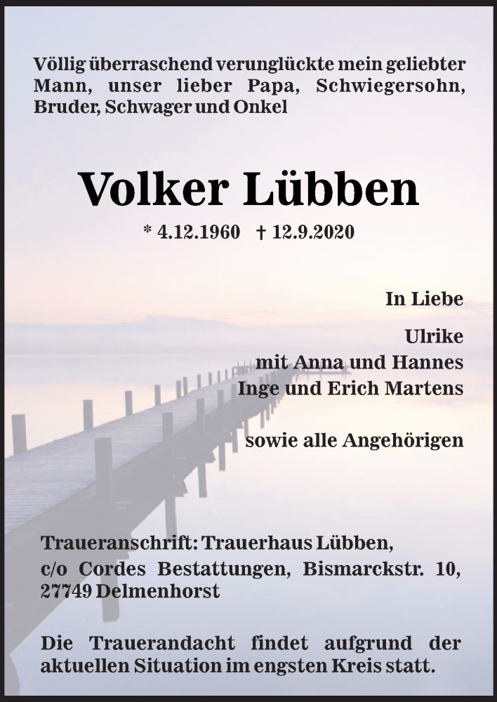  Traueranzeige für Volker Lübben vom 16.09.2020 aus Neue Osnabrücker Zeitung GmbH & Co. KG