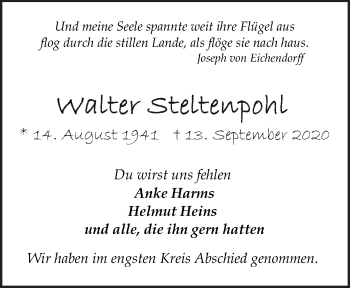 Traueranzeige von Walter Steltenpohl von Neue Osnabrücker Zeitung GmbH & Co. KG