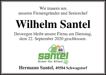 Traueranzeige von Wilhelm Santel von Neue Osnabrücker Zeitung GmbH & Co. KG