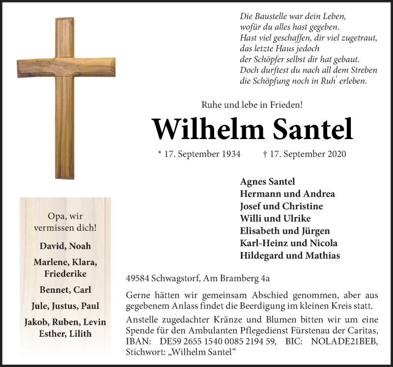  Traueranzeige für Wilhelm Santel vom 19.09.2020 aus Neue Osnabrücker Zeitung GmbH & Co. KG