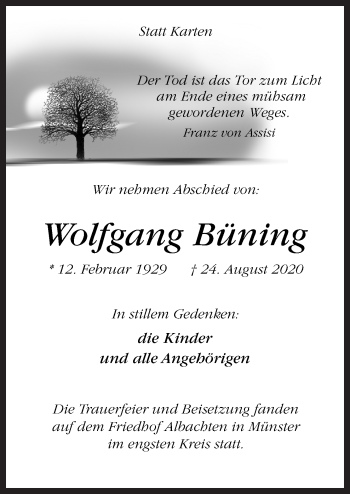 Traueranzeige von Wolfgang Büning von Neue Osnabrücker Zeitung GmbH & Co. KG