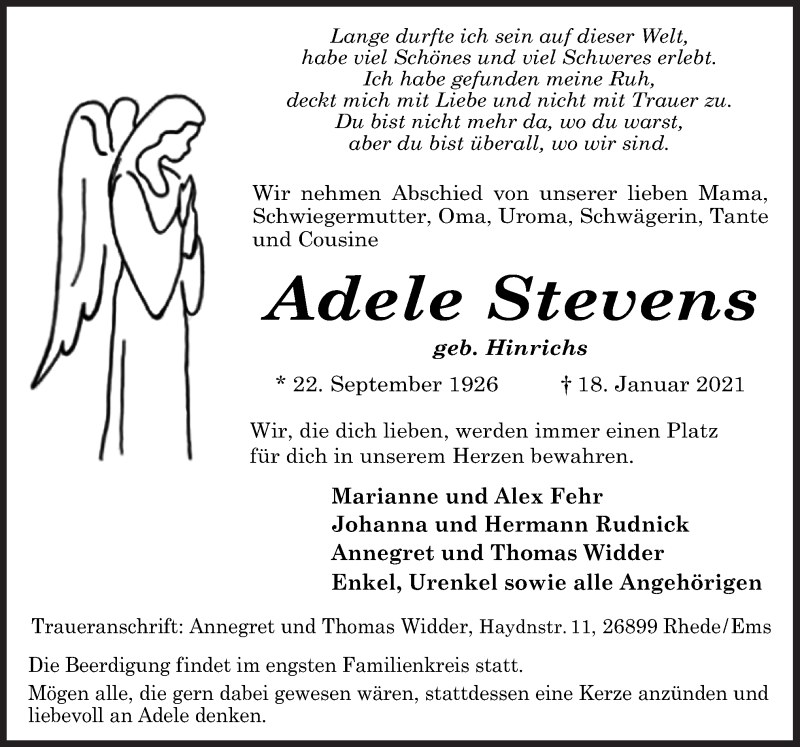  Traueranzeige für Adele Stevens vom 21.01.2021 aus Neue Osnabrücker Zeitung GmbH & Co. KG