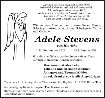 Traueranzeige von Adele Stevens von Neue Osnabrücker Zeitung GmbH & Co. KG