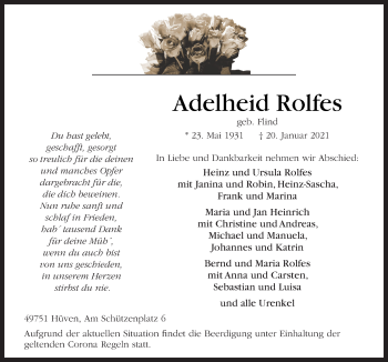 Traueranzeige von Adelheid Rolfes von Neue Osnabrücker Zeitung GmbH & Co. KG