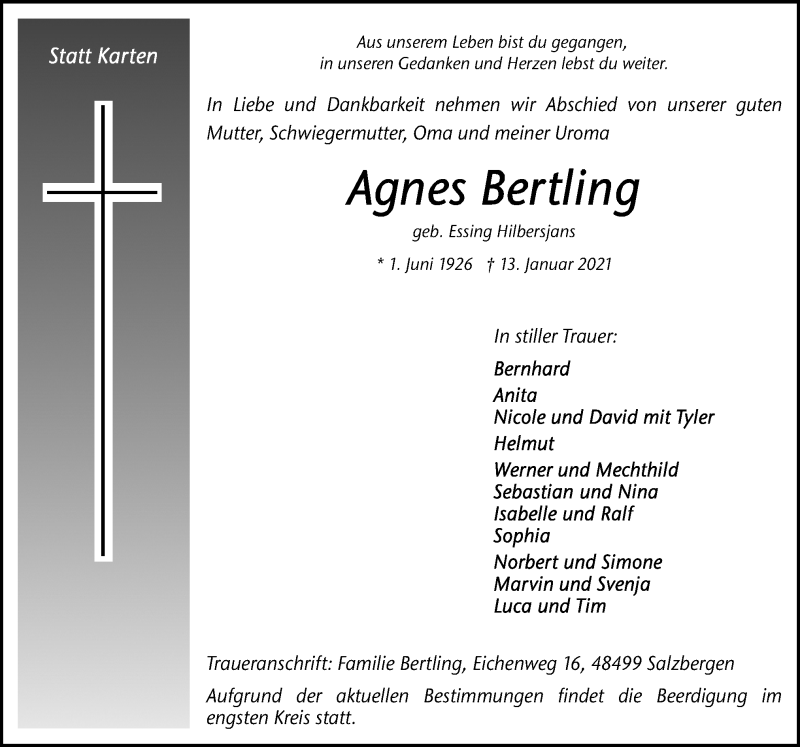 Traueranzeige für Agnes Bertling vom 16.01.2021 aus Neue Osnabrücker Zeitung GmbH & Co. KG