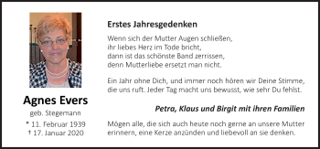 Traueranzeige von Agnes Evers von Neue Osnabrücker Zeitung GmbH & Co. KG