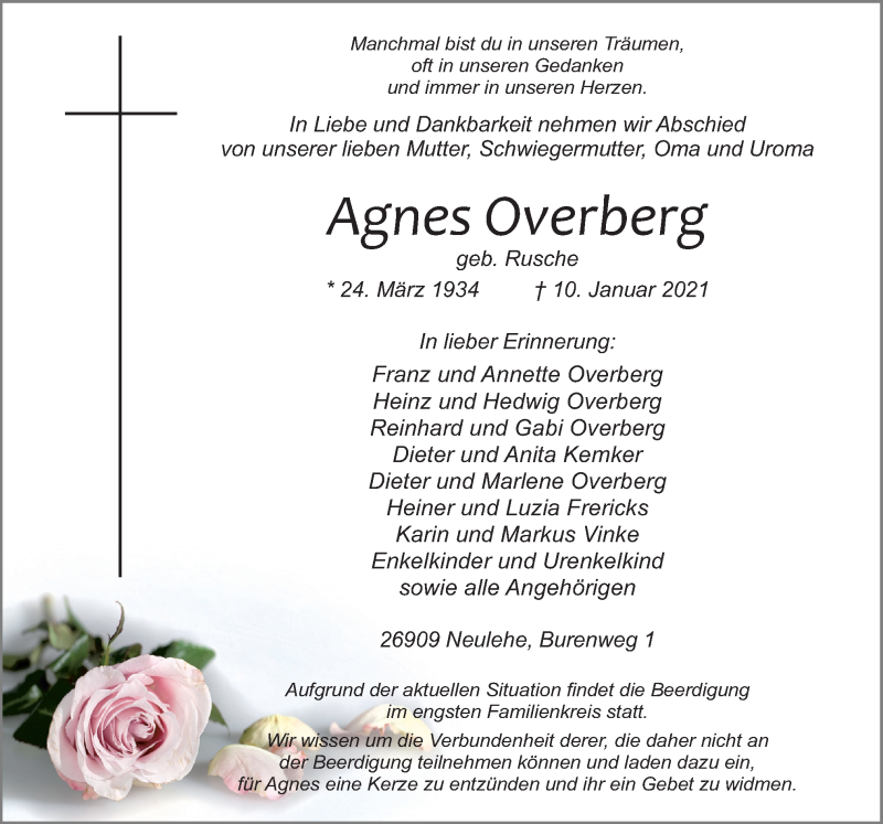  Traueranzeige für Agnes Overberg vom 12.01.2021 aus Neue Osnabrücker Zeitung GmbH & Co. KG
