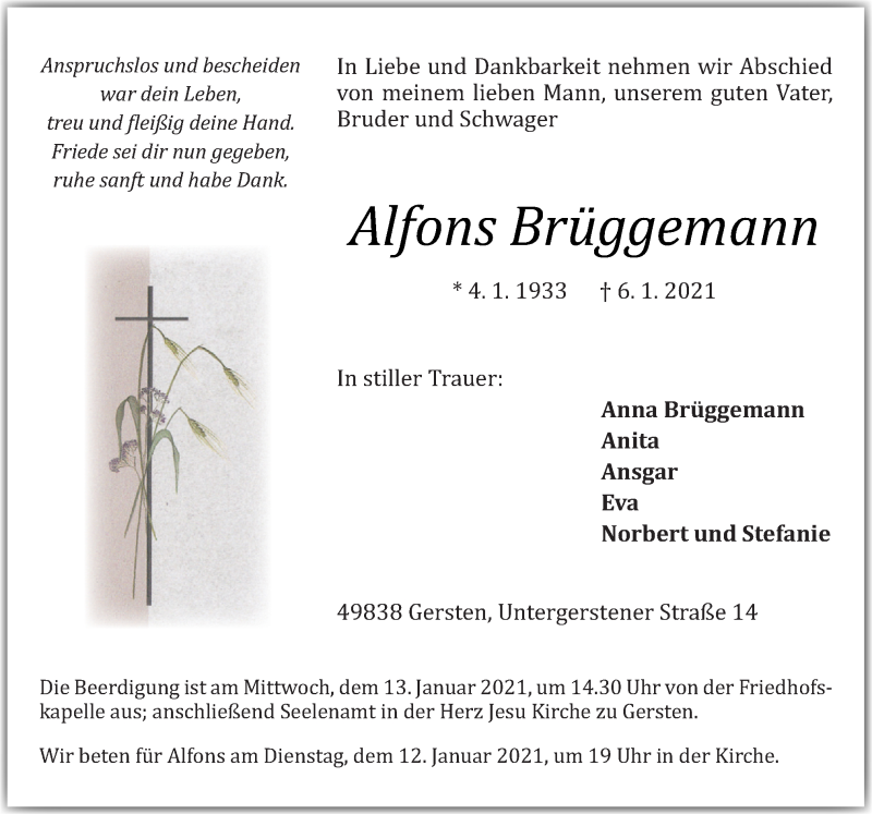  Traueranzeige für Alfons Brüggemann vom 09.01.2021 aus Neue Osnabrücker Zeitung GmbH & Co. KG