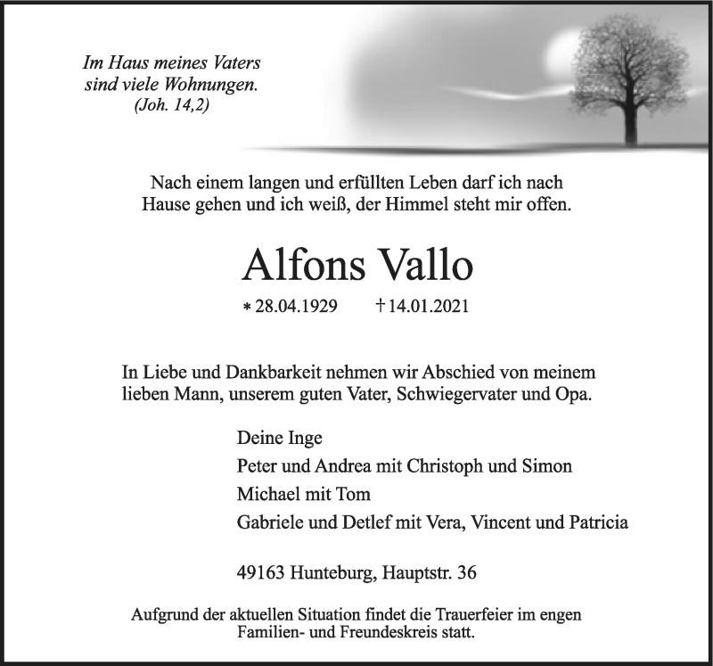  Traueranzeige für Alfons Vallo vom 20.01.2021 aus Neue Osnabrücker Zeitung GmbH & Co. KG