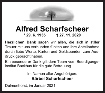 Traueranzeige von Alfred Scharfscheer von Neue Osnabrücker Zeitung GmbH & Co. KG