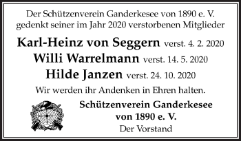Traueranzeige von Andenken Schützenverein Ganderkesee von 1890 e. V. von Neue Osnabrücker Zeitung GmbH & Co. KG