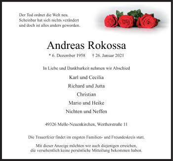 Traueranzeige von Andreas Rokossa von Neue Osnabrücker Zeitung GmbH & Co. KG