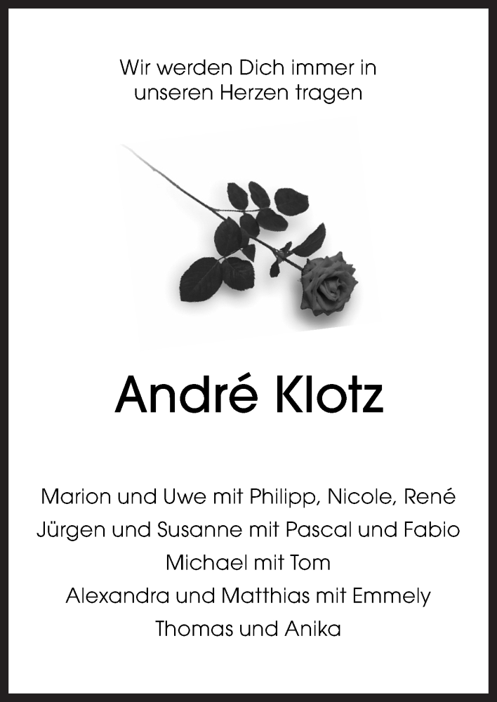  Traueranzeige für André Klotz vom 23.01.2021 aus Neue Osnabrücker Zeitung GmbH & Co. KG