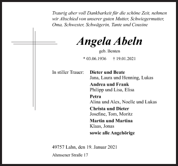 Traueranzeige von Angela Abeln von Neue Osnabrücker Zeitung GmbH & Co. KG