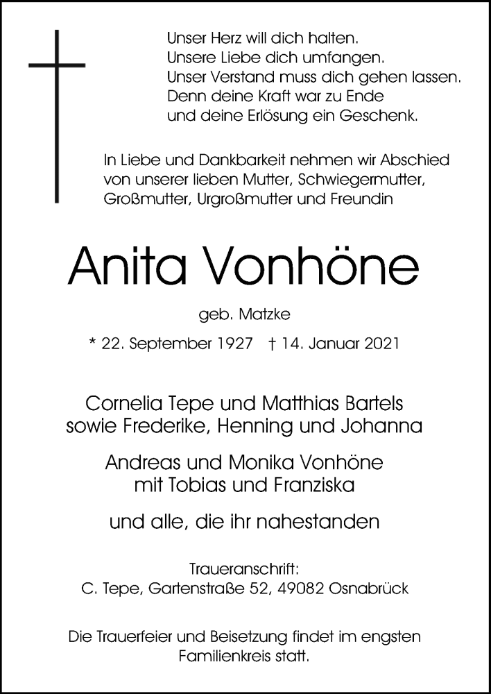  Traueranzeige für Anita Vonhöne vom 23.01.2021 aus Neue Osnabrücker Zeitung GmbH & Co. KG