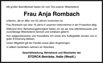 Traueranzeige von Anja Rombach von Neue Osnabrücker Zeitung GmbH & Co. KG