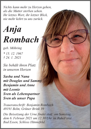 Traueranzeige von Anja Rombach von Neue Osnabrücker Zeitung GmbH & Co. KG