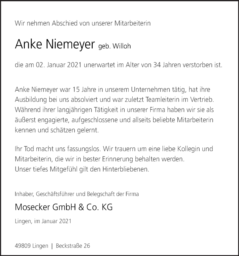  Traueranzeige für Anke Niemeyer vom 08.01.2021 aus Neue Osnabrücker Zeitung GmbH & Co. KG