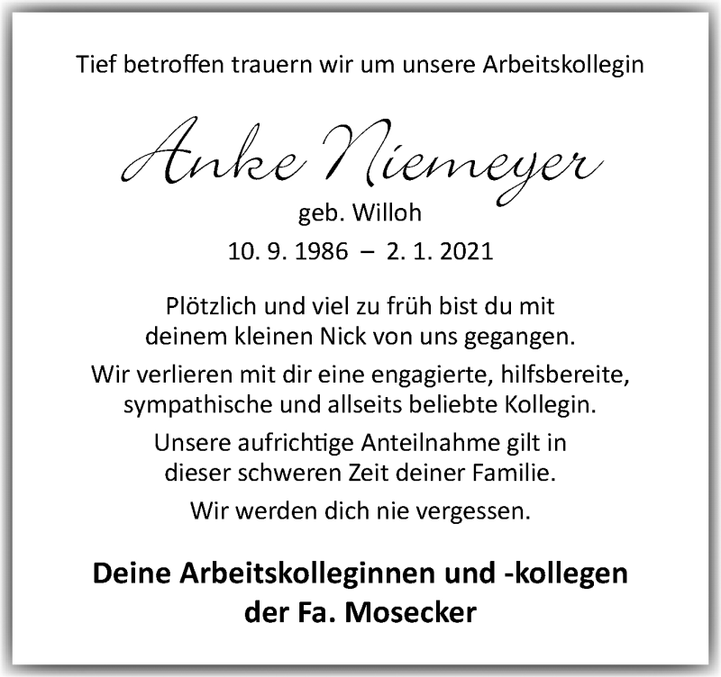  Traueranzeige für Anke Niemeyer vom 07.01.2021 aus Neue Osnabrücker Zeitung GmbH & Co. KG