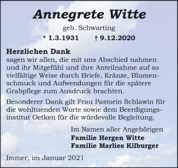 Traueranzeige von Annegrete Witte von Neue Osnabrücker Zeitung GmbH & Co. KG