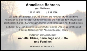 Traueranzeige von Anneliese Behrens von Neue Osnabrücker Zeitung GmbH & Co. KG