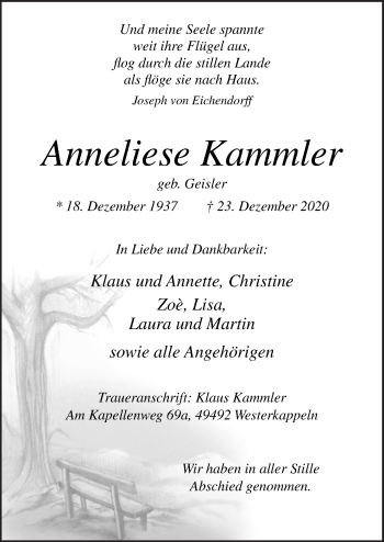 Traueranzeige von Anneliese Kammler von Neue Osnabrücker Zeitung GmbH & Co. KG