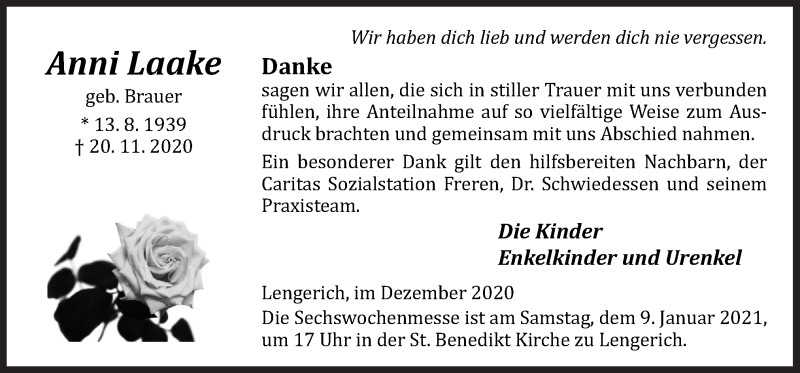  Traueranzeige für Anni Laake vom 04.01.2021 aus Neue Osnabrücker Zeitung GmbH & Co. KG