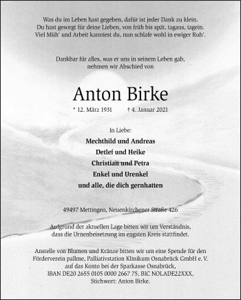 Traueranzeige von Anton Birke von Neue Osnabrücker Zeitung GmbH & Co. KG