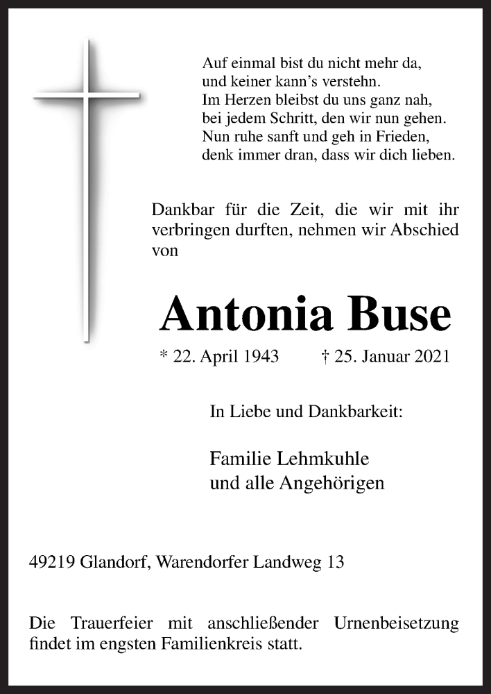 Traueranzeigen Von Antonia Buse Noz Trauerportal