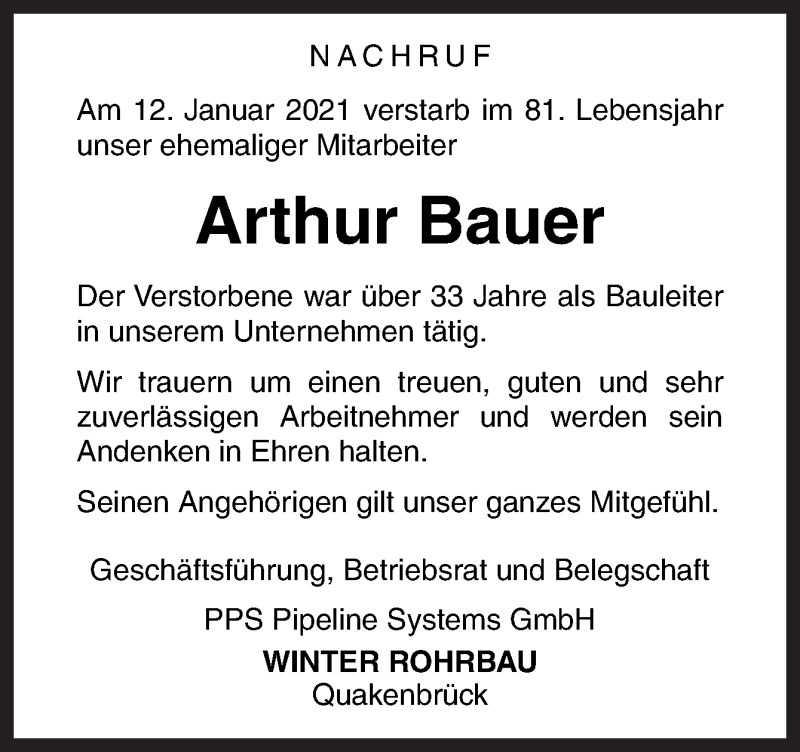  Traueranzeige für Arthur Bauer vom 22.01.2021 aus Neue Osnabrücker Zeitung GmbH & Co. KG