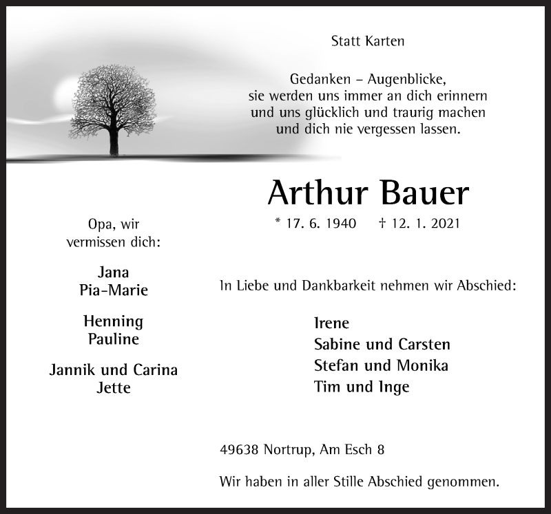  Traueranzeige für Arthur Bauer vom 21.01.2021 aus Neue Osnabrücker Zeitung GmbH & Co. KG