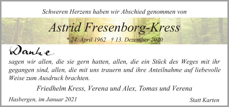  Traueranzeige für Astrid Fresenborg-Kress vom 09.01.2021 aus Neue Osnabrücker Zeitung GmbH & Co. KG