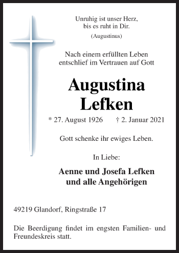 Traueranzeige von Augustina Lefken von Neue Osnabrücker Zeitung GmbH & Co. KG