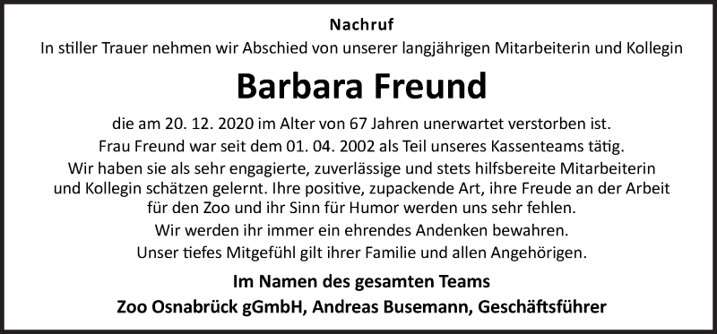 Traueranzeige für Barbara Freund vom 13.01.2021 aus Neue Osnabrücker Zeitung GmbH & Co. KG