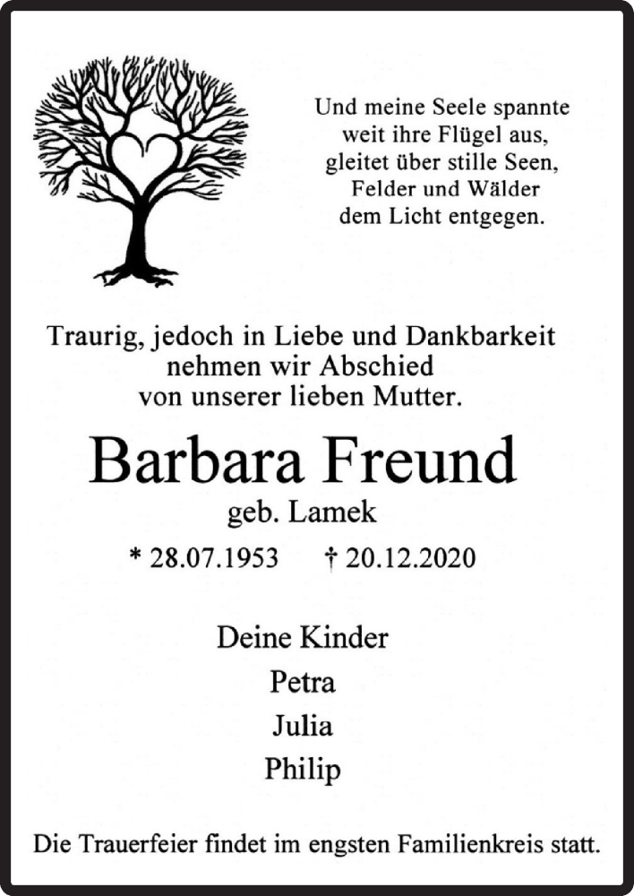  Traueranzeige für Barbara Freund vom 09.01.2021 aus Neue Osnabrücker Zeitung GmbH & Co. KG