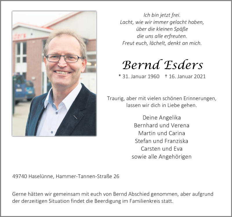  Traueranzeige für Bernd Esders vom 19.01.2021 aus Neue Osnabrücker Zeitung GmbH & Co. KG