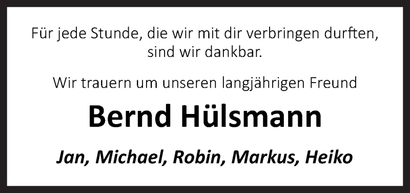  Traueranzeige für Bernd Hülsmann vom 30.01.2021 aus Neue Osnabrücker Zeitung GmbH & Co. KG