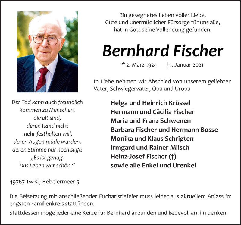  Traueranzeige für Bernhard Fischer vom 04.01.2021 aus Neue Osnabrücker Zeitung GmbH & Co. KG