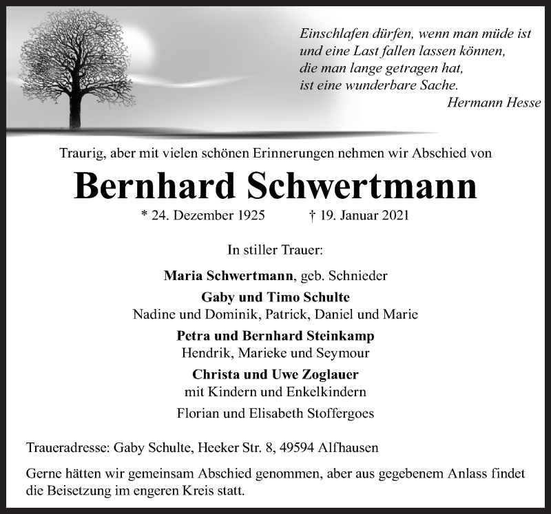  Traueranzeige für Bernhard Schwertmann vom 21.01.2021 aus Neue Osnabrücker Zeitung GmbH & Co. KG