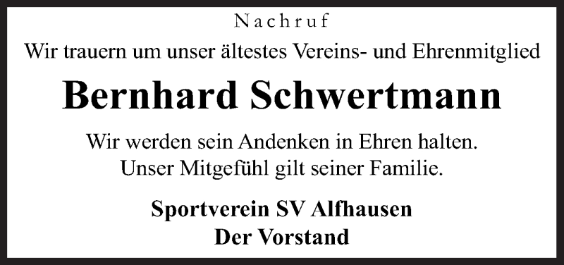  Traueranzeige für Bernhard Schwertmann vom 22.01.2021 aus Neue Osnabrücker Zeitung GmbH & Co. KG