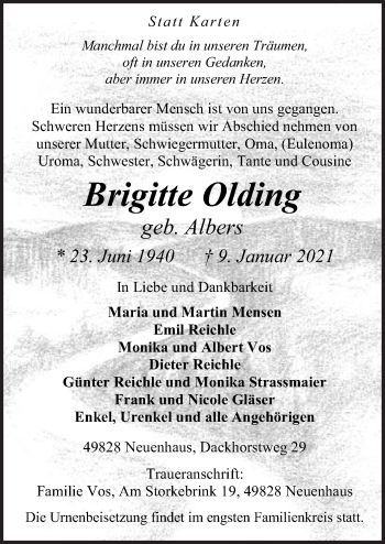 Traueranzeige von Brigitte Olding von Neue Osnabrücker Zeitung GmbH & Co. KG