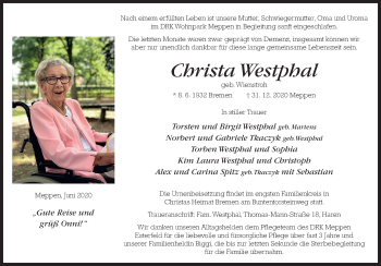 Traueranzeige von Christa Westphal von Neue Osnabrücker Zeitung GmbH & Co. KG