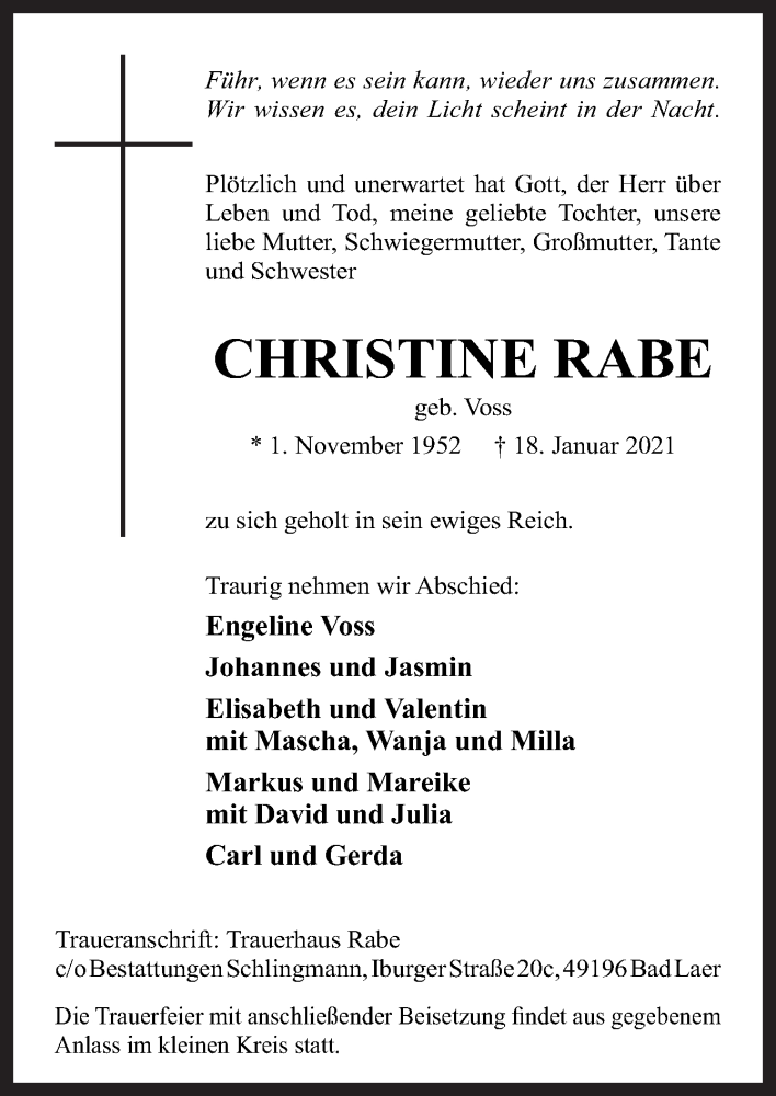  Traueranzeige für Christine Rabe vom 22.01.2021 aus Neue Osnabrücker Zeitung GmbH & Co. KG