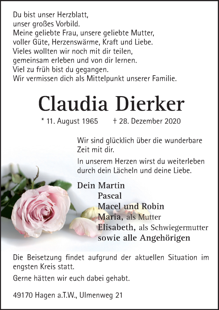  Traueranzeige für Claudia Dierker vom 06.01.2021 aus Neue Osnabrücker Zeitung GmbH & Co. KG
