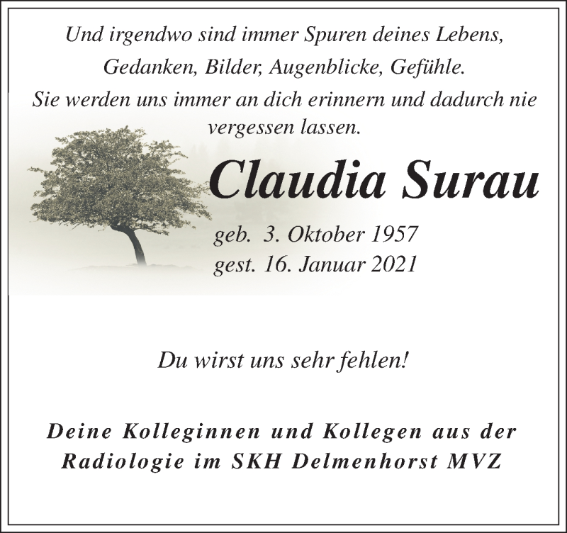  Traueranzeige für Claudia Surau vom 23.01.2021 aus Neue Osnabrücker Zeitung GmbH & Co. KG