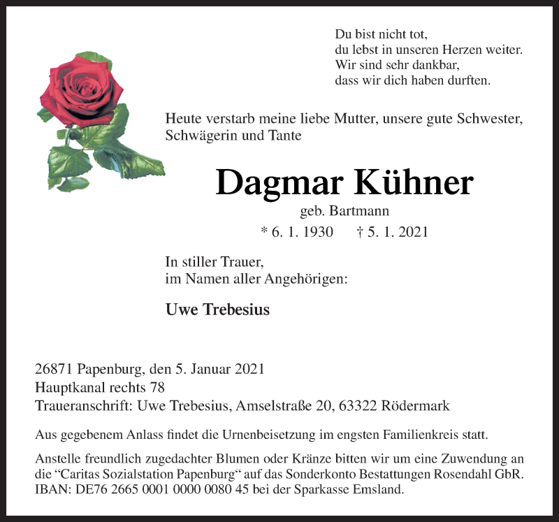  Traueranzeige für Dagmar Kühner vom 09.01.2021 aus Neue Osnabrücker Zeitung GmbH & Co. KG