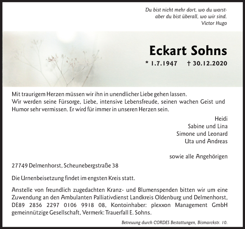  Traueranzeige für Eckart Sohns vom 04.01.2021 aus Neue Osnabrücker Zeitung GmbH & Co. KG
